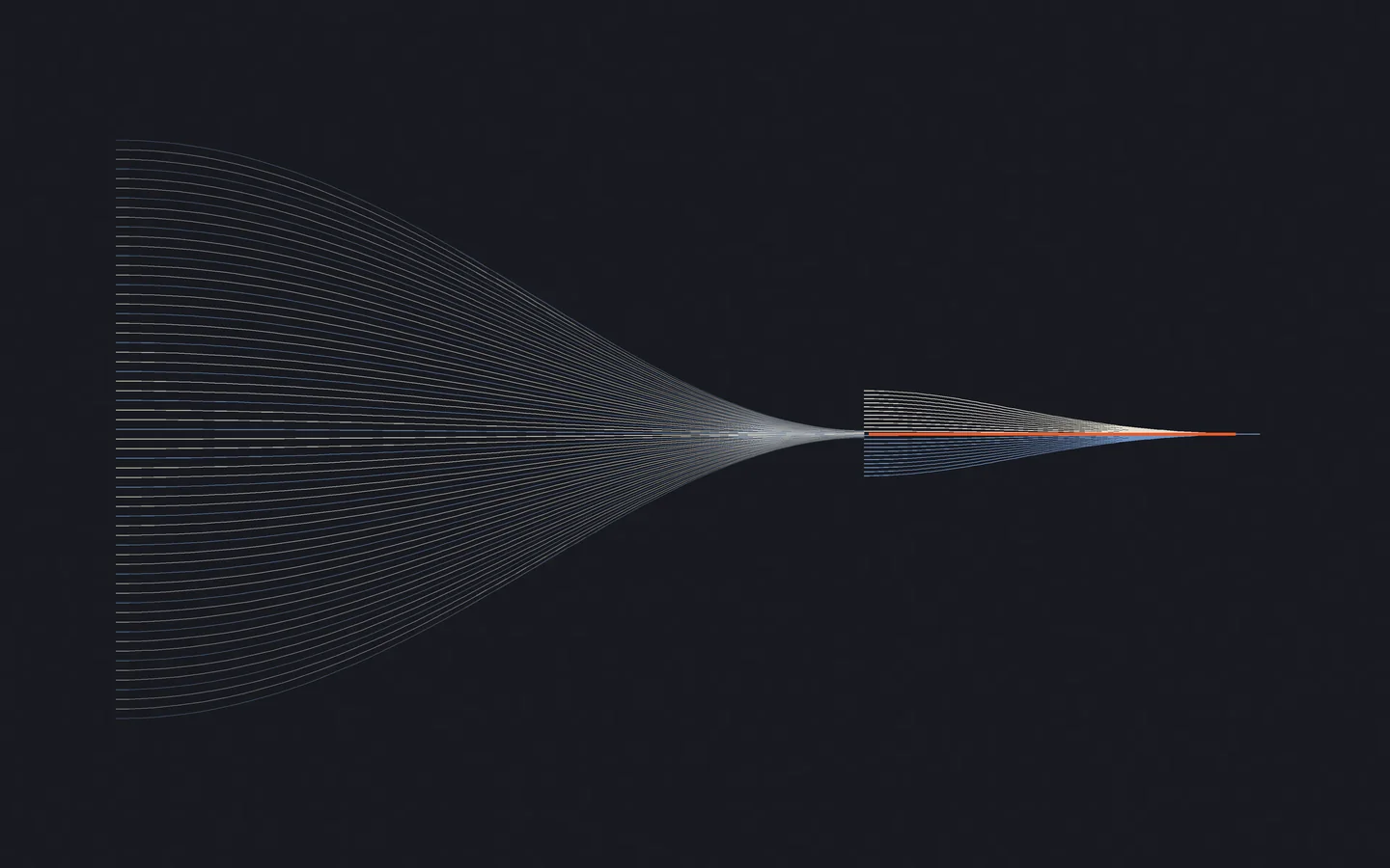 Dozens of ivory and blue rails converge from the left into a single narrow orange shared route.