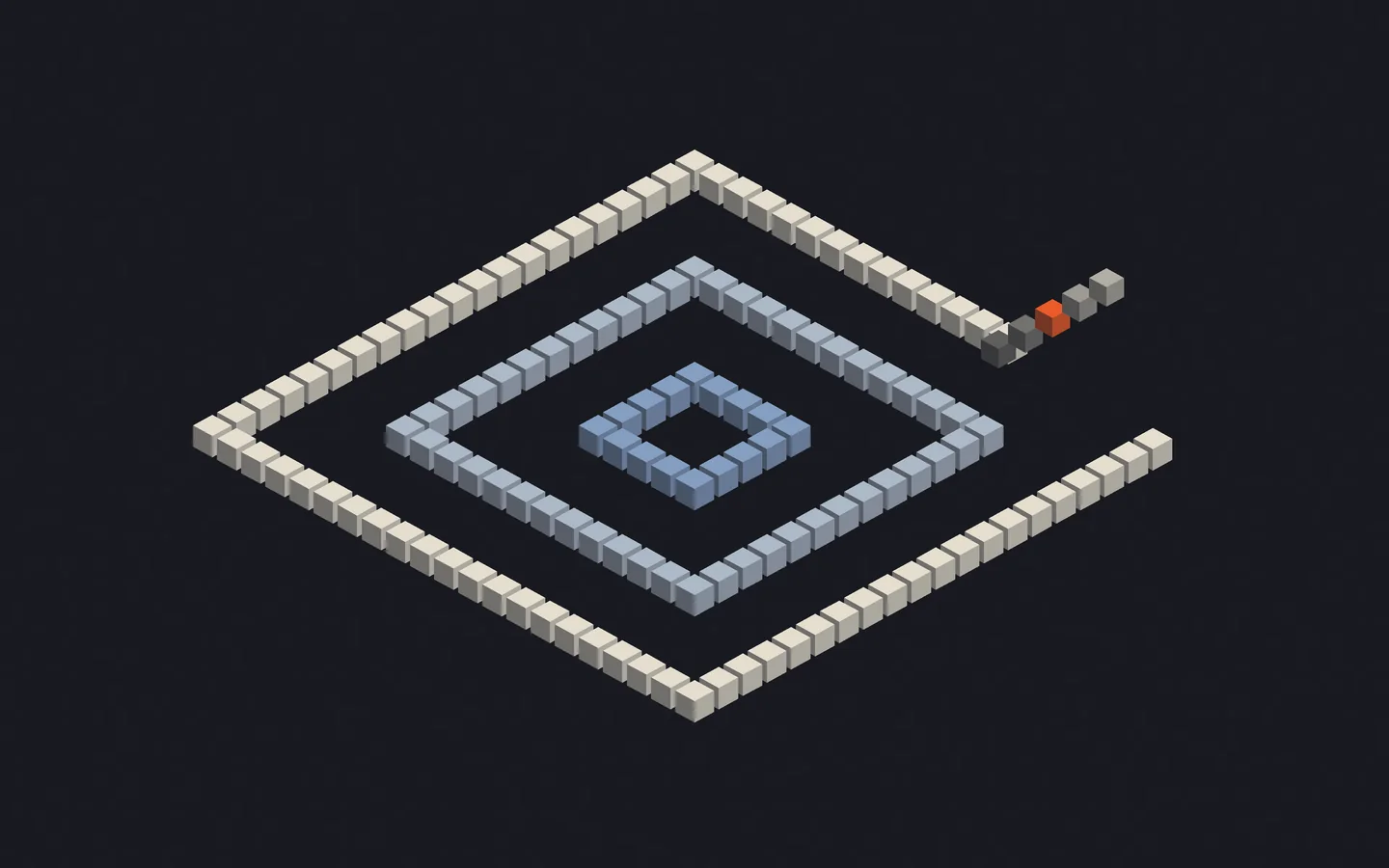 Nested ivory and blue isometric frames made from small blocks, with an orange block in the open outer edge.
