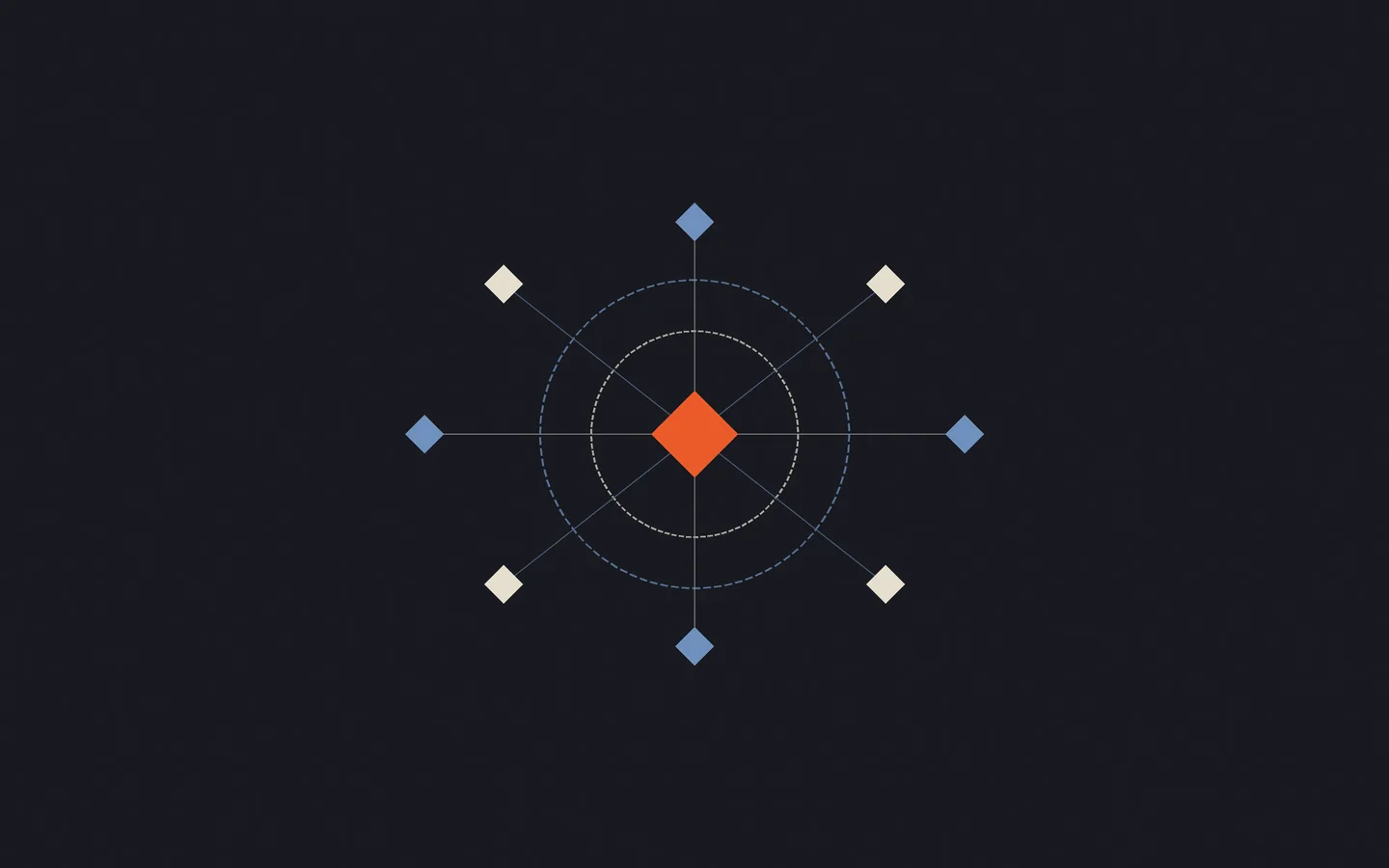 An orange diamond in a shared centre is surrounded by ivory and blue satellite diamonds connected by radial lines.