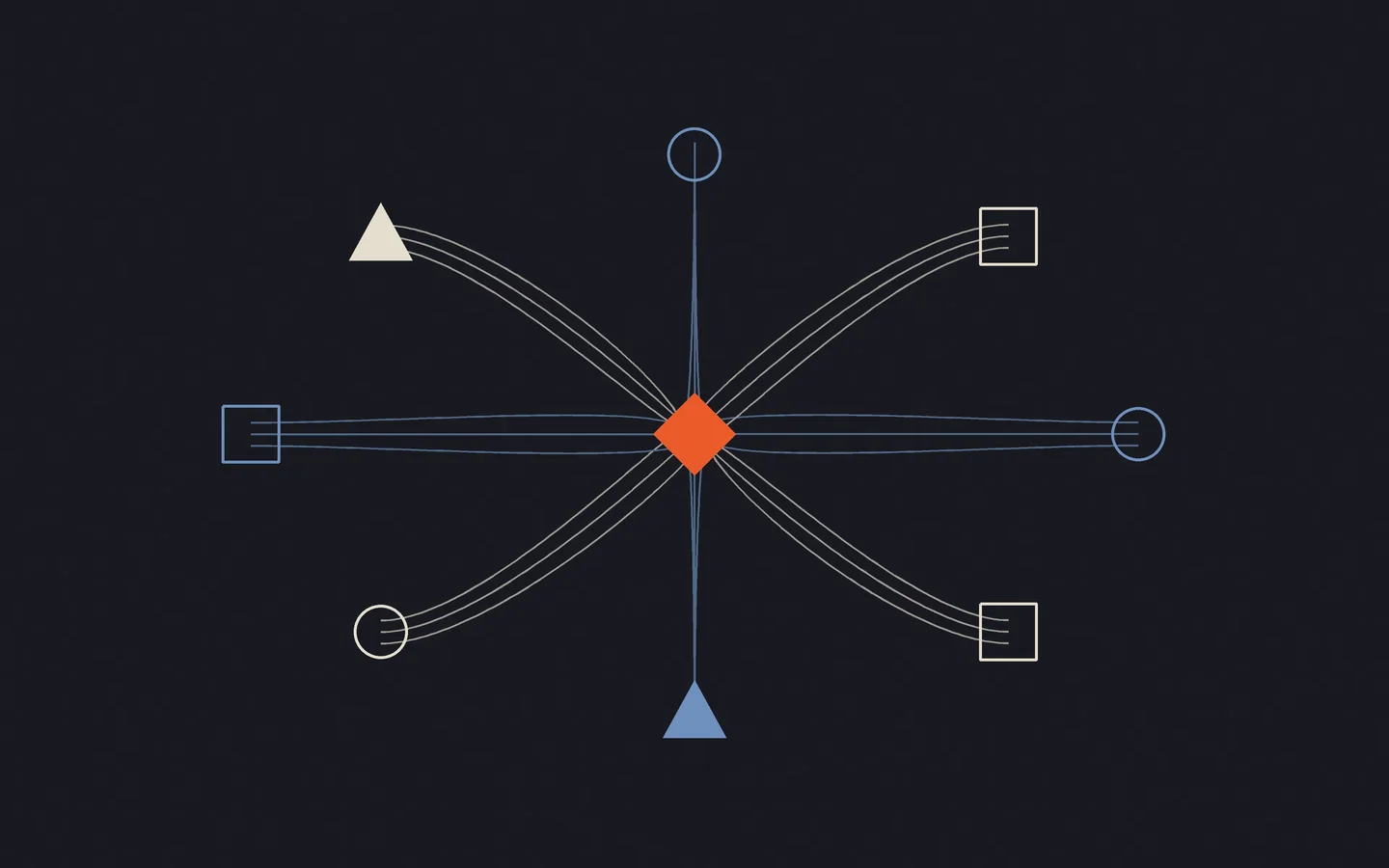 Several blue and ivory geometric forms converge through curved paths toward an orange center.