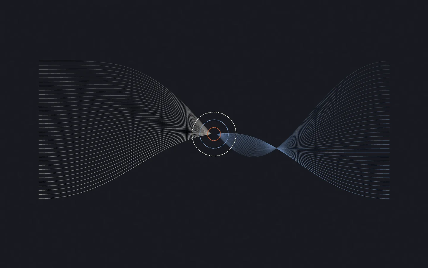Equal ivory and blue route fields approach a shared set of nested circular centers with an orange core.