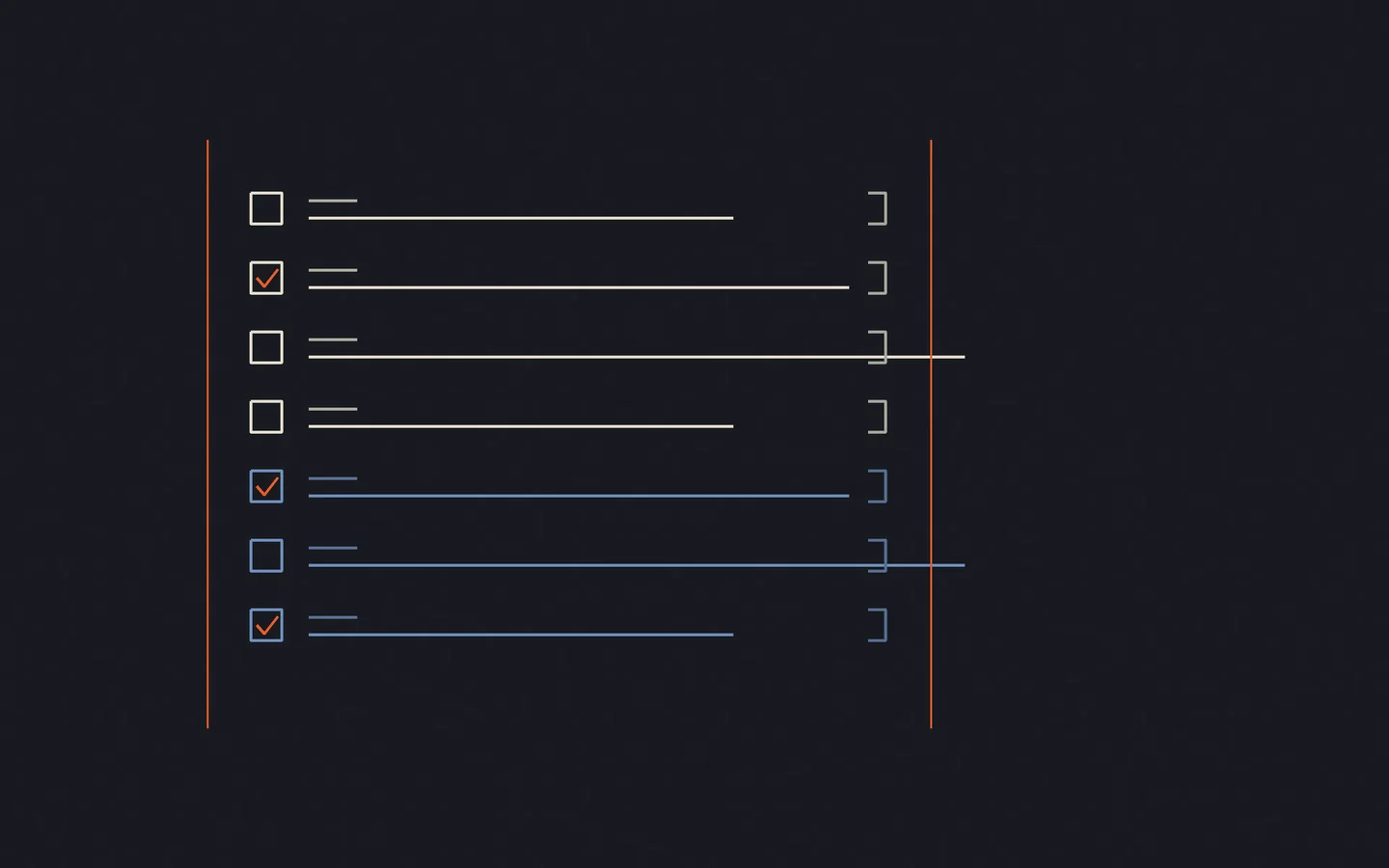 A synthetic terminal-style field of bracketed checkbox rows, check marks and aligned line geometry is framed by orange rules.
