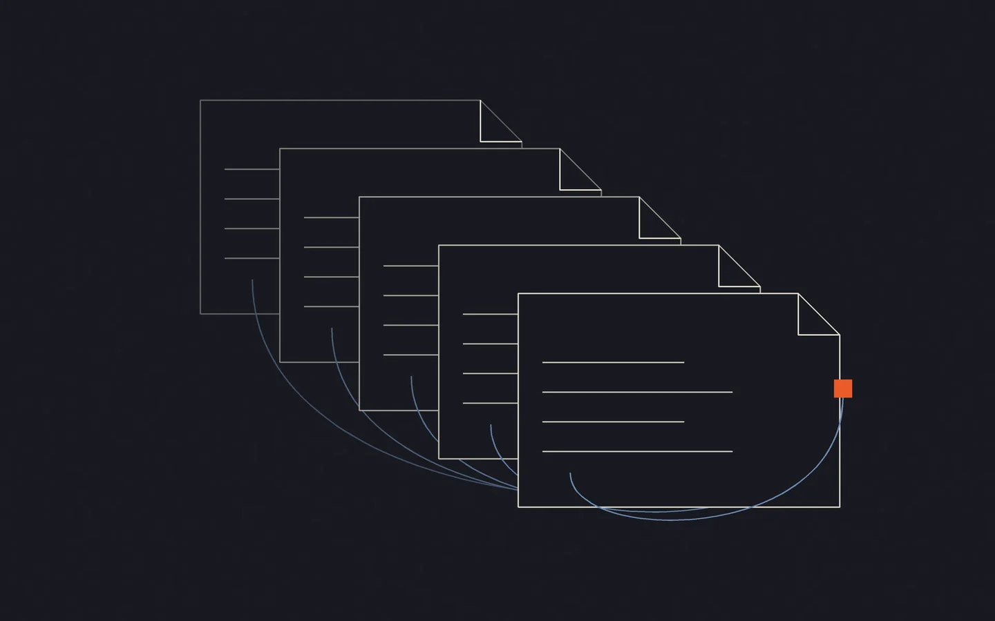 Layered ivory page outlines connect through blue paths to a small orange square.
