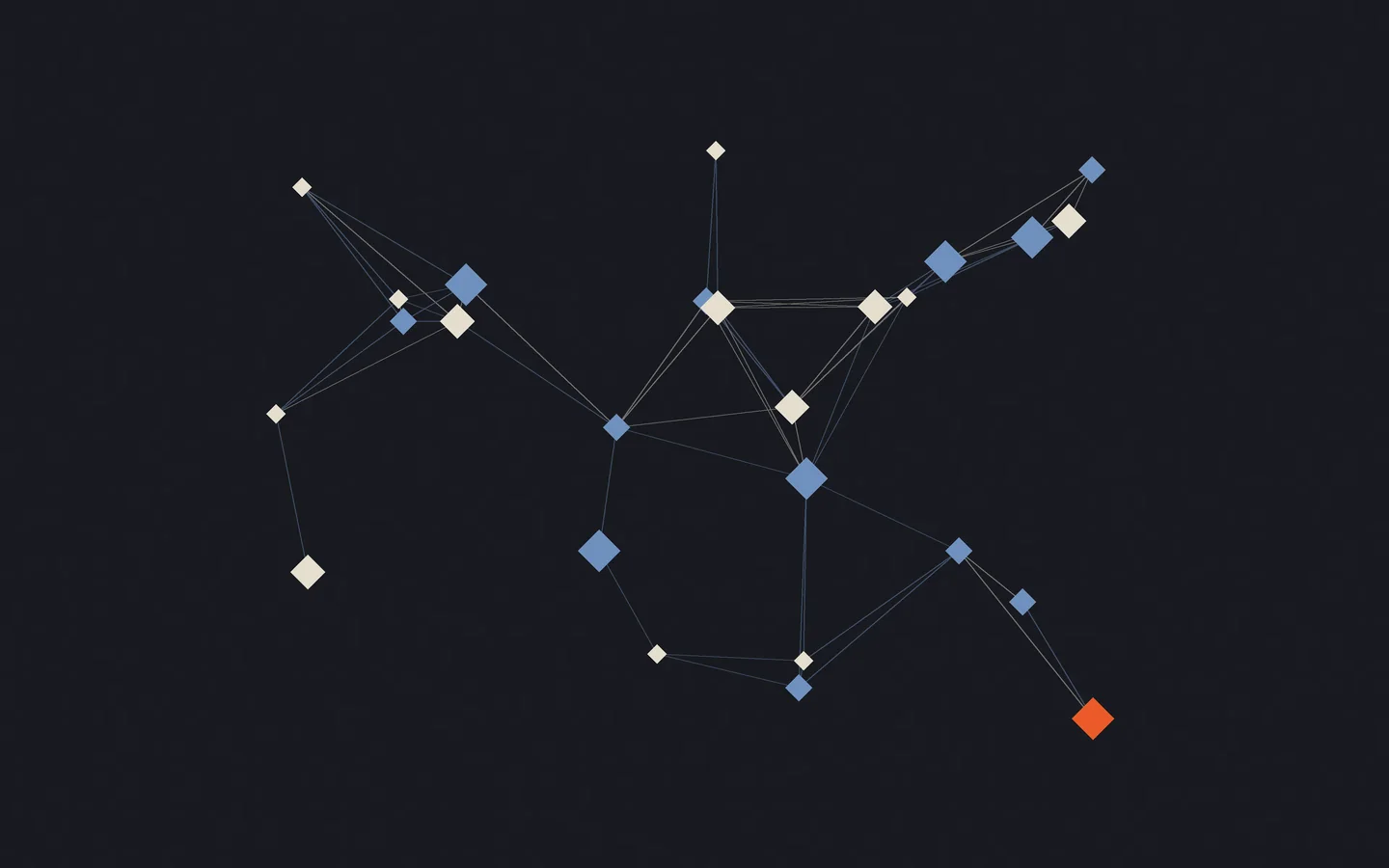 An irregular constellation of ivory, blue and one orange linked note diamonds spreads across the graphite field.