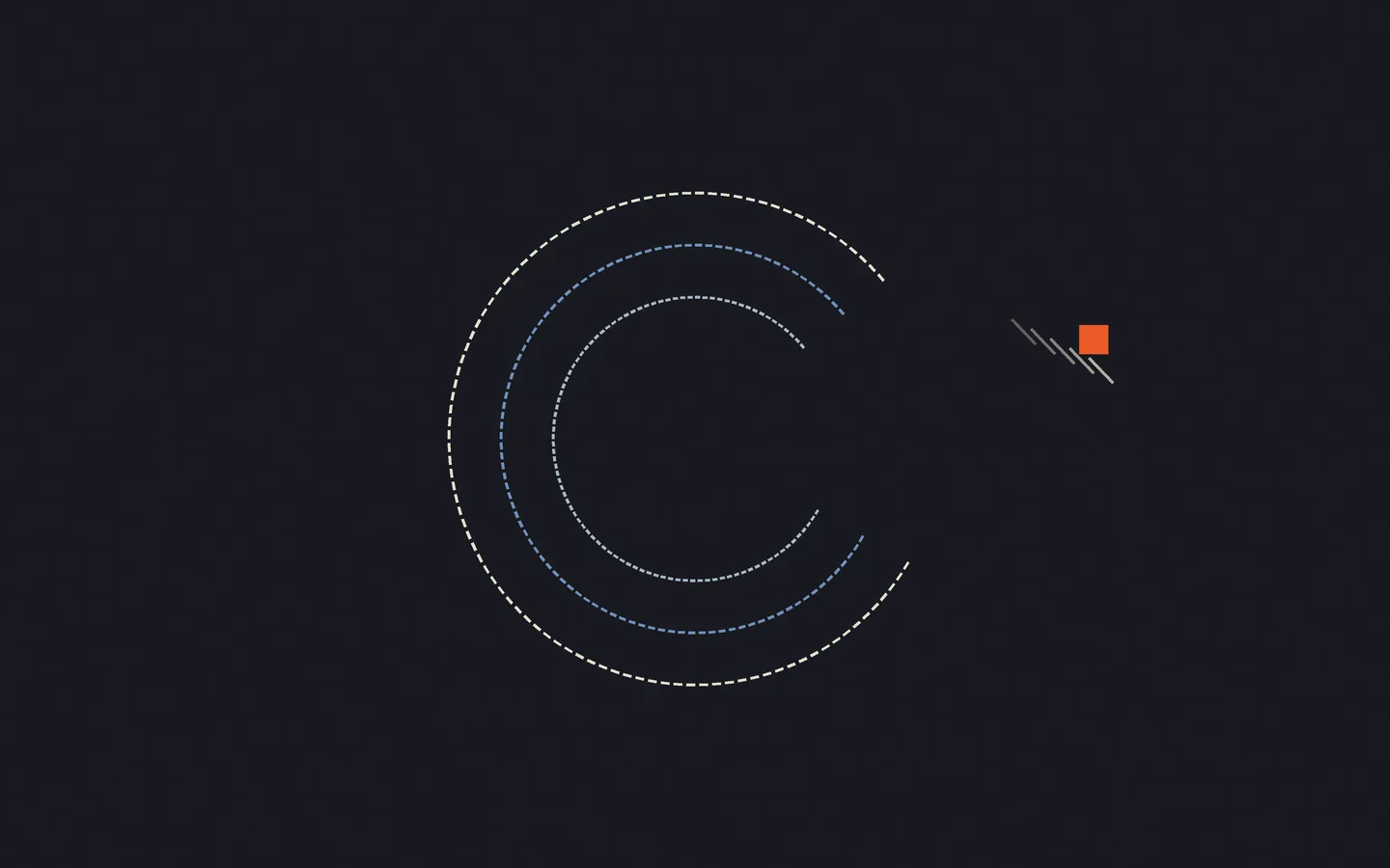 Three incomplete concentric seal rings stop before a gap, with a detached orange square waiting beside the opening.