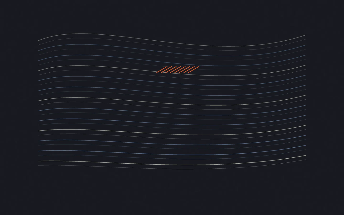 Layered ivory and blue contour ribbons form an archive of pages, with one short orange current plane above them.