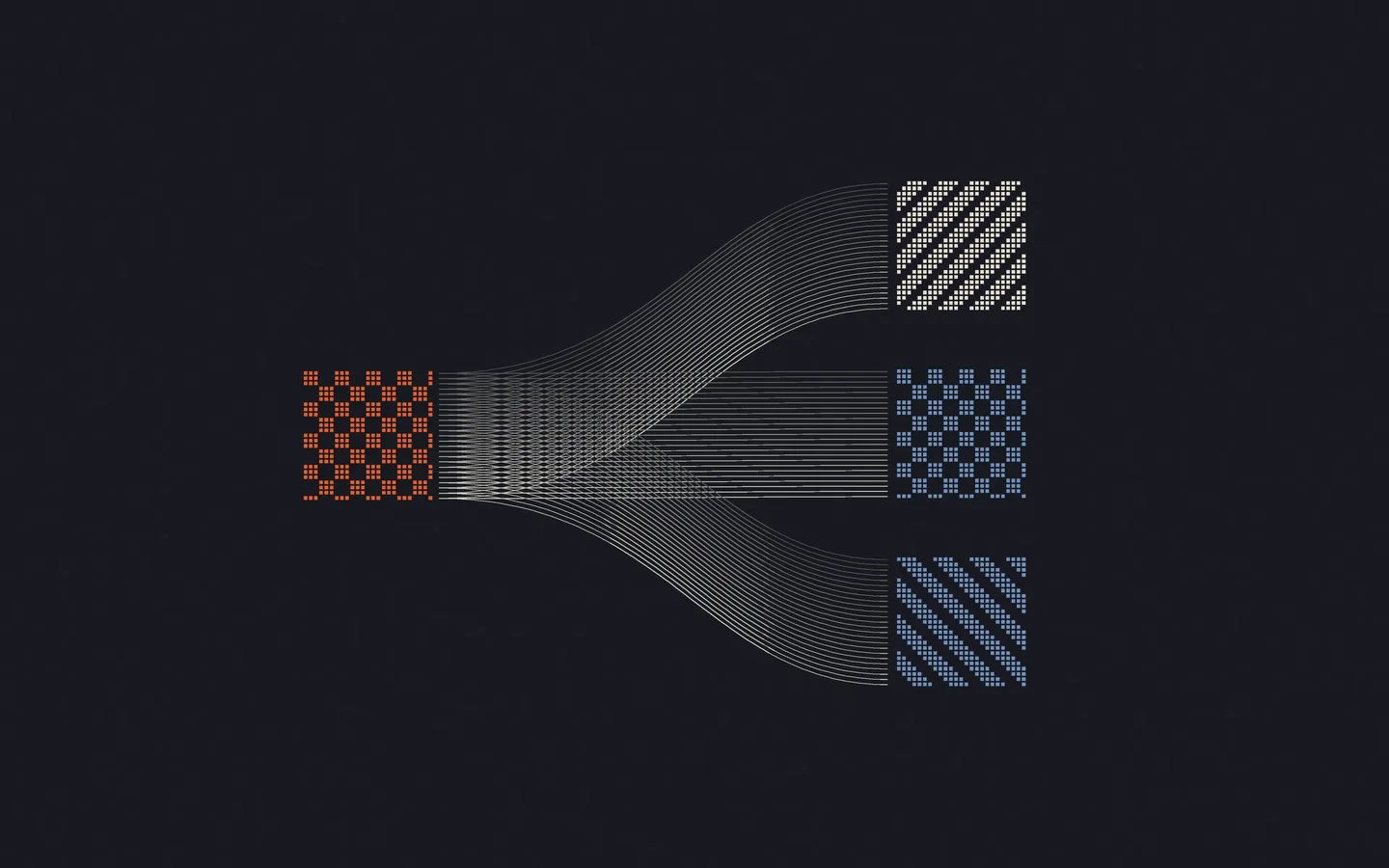 An orange source grid branches through fine curves into three visibly varied ivory and blue module patterns.
