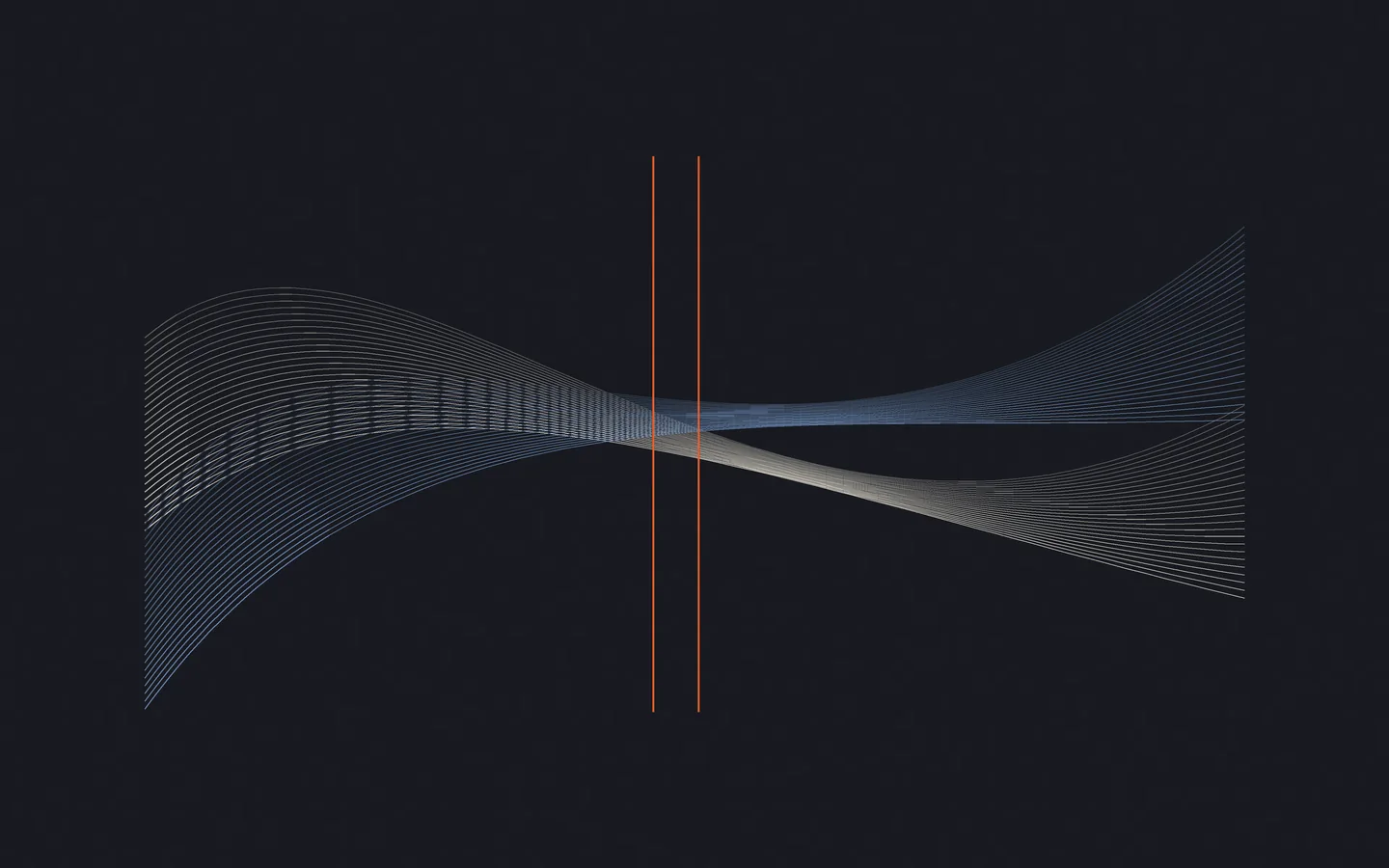 Two overlapping fields of ivory and blue wave-like lines move out of phase around two slim orange timing markers.