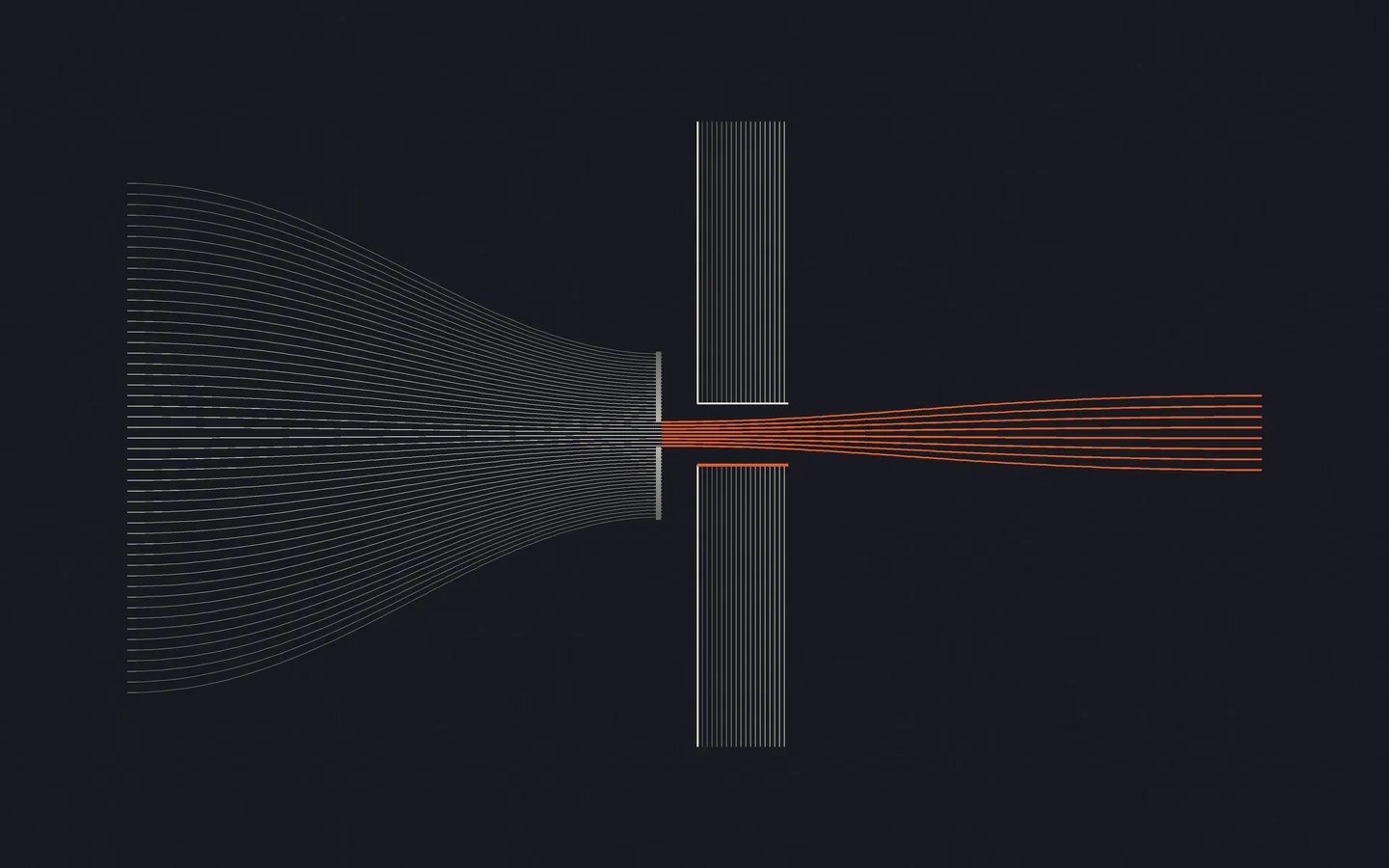 Fine ivory paths funnel through one tightly bounded orange crossing in a tall central barrier before fanning outward.