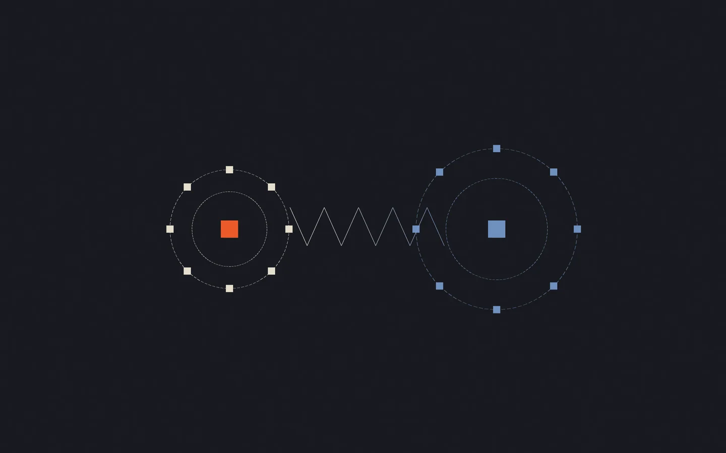 A small ivory personal orbit and a larger blue team orbit, each with nodes and a central square, are connected across the field.