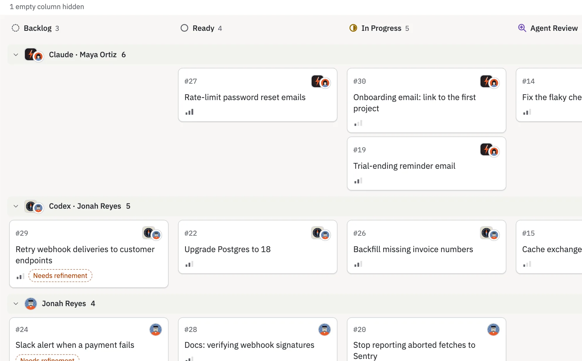 The Board, with illustrated avatars: columns by status (Backlog, Ready, In Progress, Agent Review) and a swimlane per assignee: Claude (Maya Ortiz’s agent), Codex (Jonah Reyes’s agent), then Jonah Reyes himself, each with their own cards.