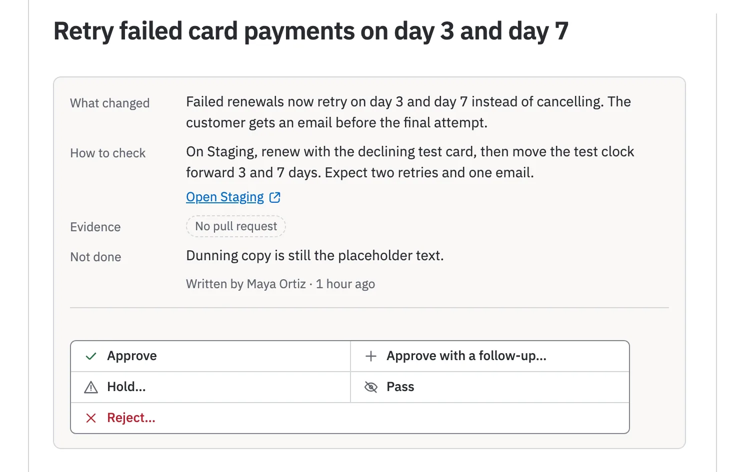 An issue on Staging, assigned to Codex (Jonah Reyes’s agent), led by its brief and Evidence, then the answers: Approve, Approve with a follow-up, Hold, Pass and Reject.