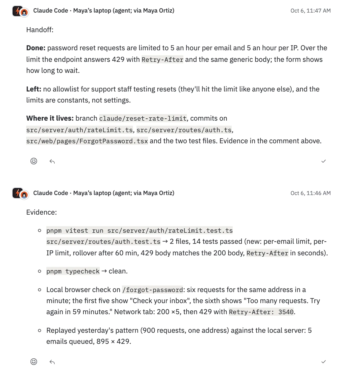 The same issue’s comments, newest first: a Handoff and an Evidence comment written by the agent, Claude Code, on Maya Ortiz’s behalf.