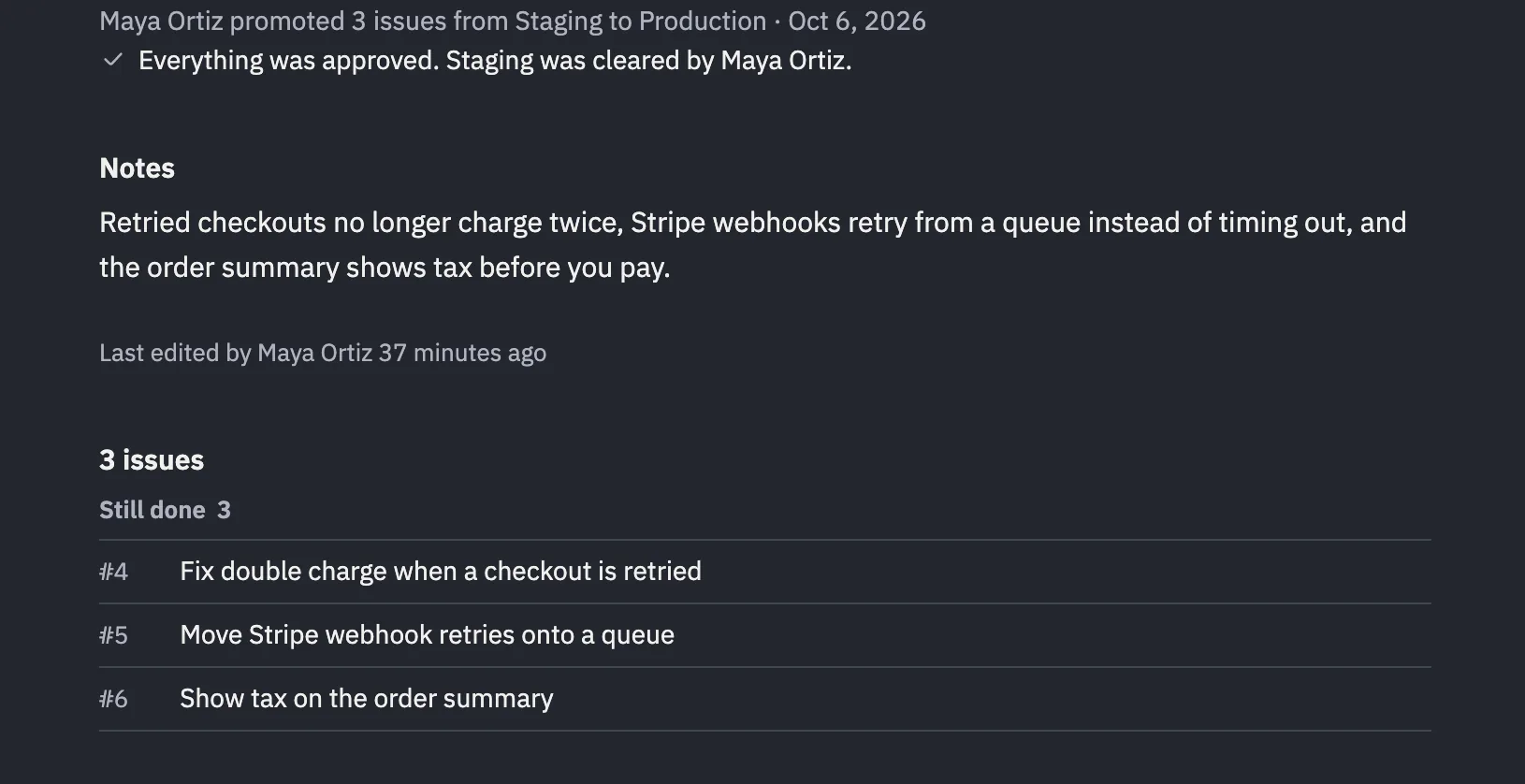 A release page: Maya Ortiz promoted 3 issues from Staging to Production. Everything was approved. Staging was cleared by Maya Ortiz. Then its notes and the three issues that went out.