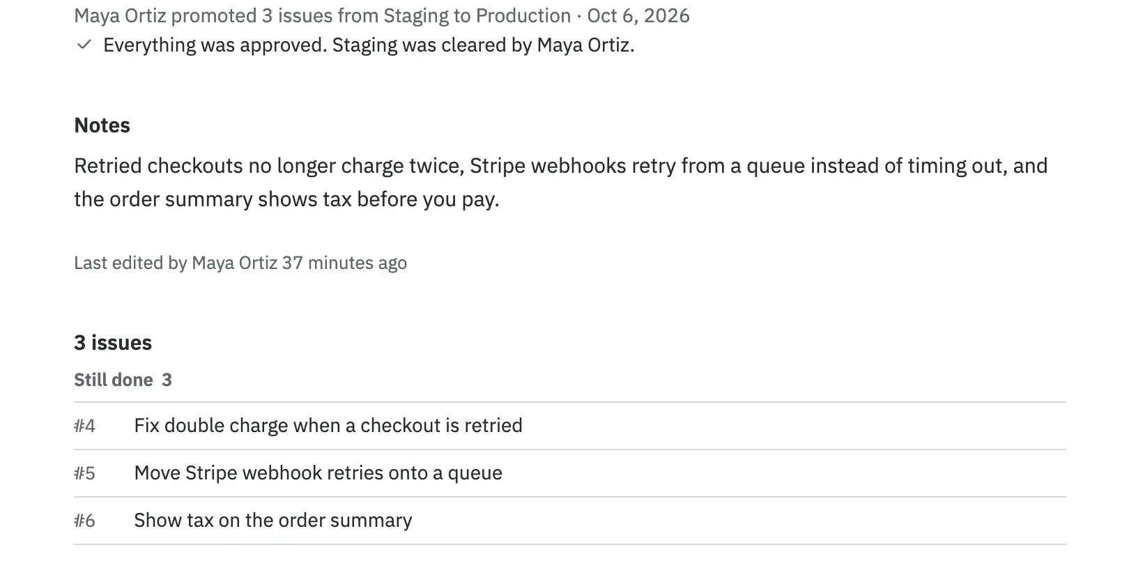 A release page: Maya Ortiz promoted 3 issues from Staging to Production. Everything was approved. Staging was cleared by Maya Ortiz. Then its notes and the three issues that went out.